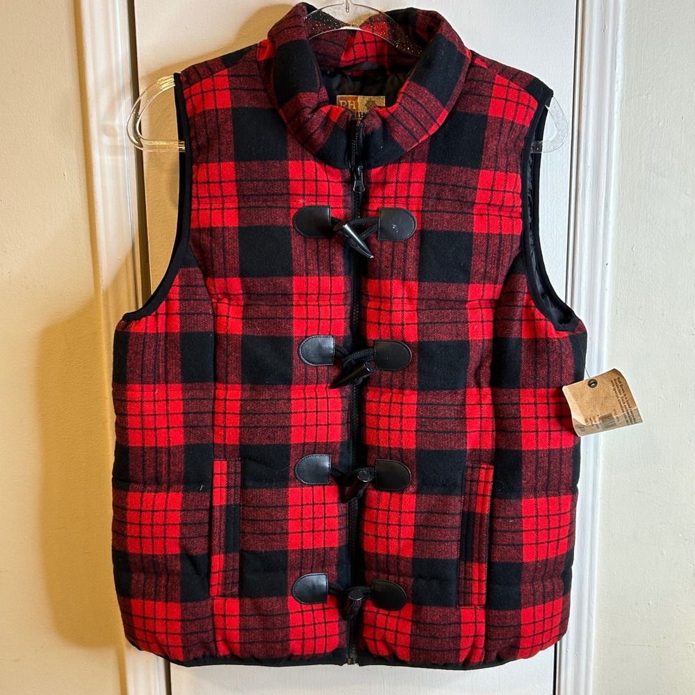 RuffHewn Mens Buffalo Plaid Puffer Vest Red Black Toggle Zip Wool Blend Large